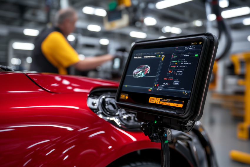 A digital display shows technical data and images of a red car in an automotive factory setting. A worker is seen in the background.