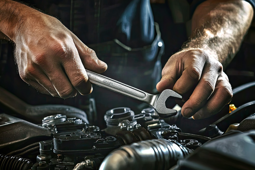 A person uses a wrench to work on an engine, adjusting or tightening parts in a mechanical setting.