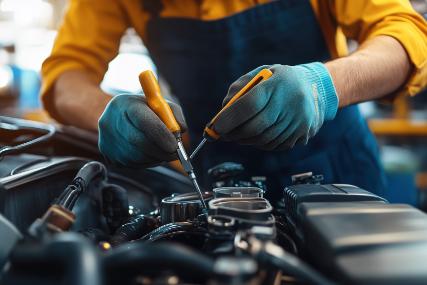 Mechanic in gloves using tools to work on a car engine in a garage.