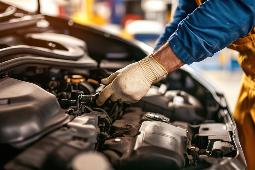 Mechanic wearing gloves works on a car engine in a garage, using a wrench to adjust components.