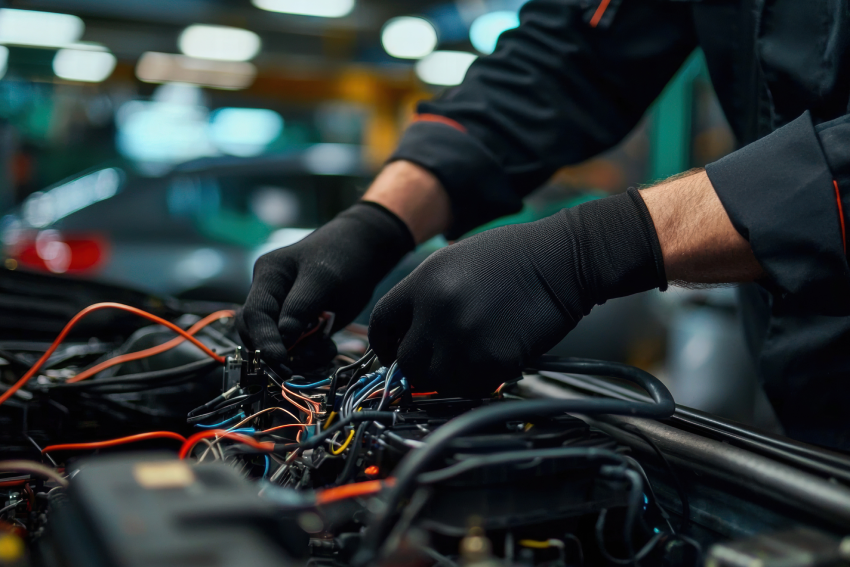 Mechanic wearing black gloves works on a car engine, adjusting and connecting wires under the hood.