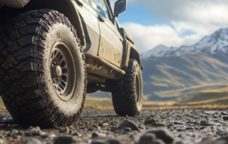 Close-up of a muddy off-road vehicle tire on a rocky terrain, with snow-capped mountains and clouds in the background.