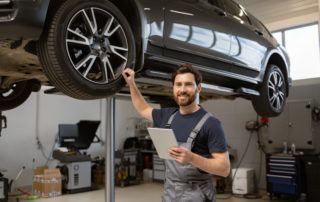 Mechanic in overalls holding a tablet stands next to a car lifted on a hydraulic lift in a garage.