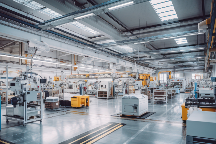 A spacious, modern factory interior with bright lighting, featuring various machines and equipment organized in a clean, orderly manner. High ceilings and large windows are visible.