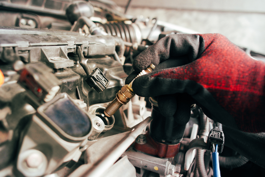 A hand wearing a red glove installs a spark plug into a car engine.