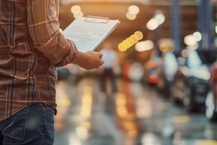 A person in a plaid shirt holds a clipboard, standing in an indoor car production facility with blurred vehicles and lights in the background.