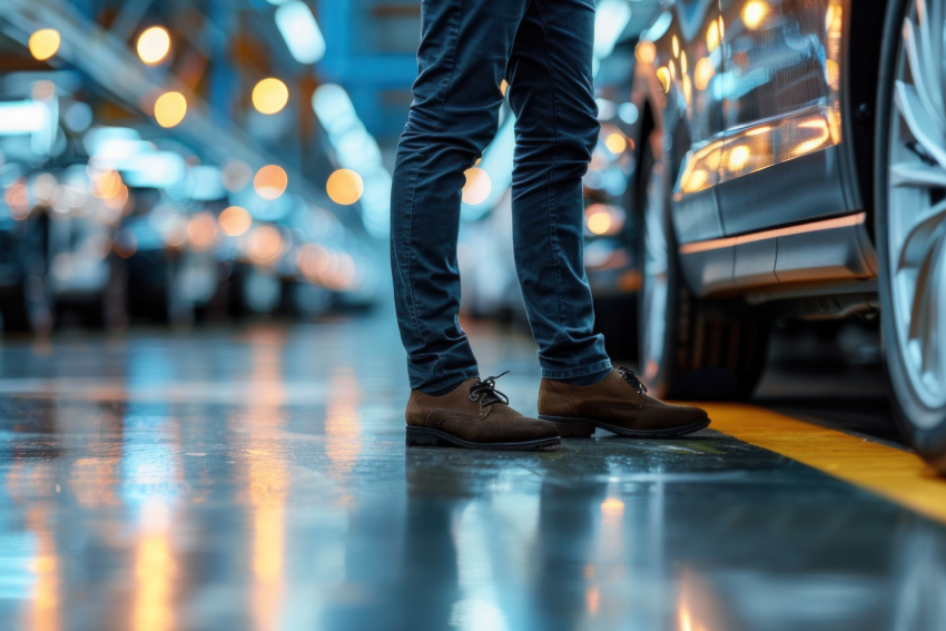 Person standing beside a parked car in an auto showroom with blurred lights in the background.