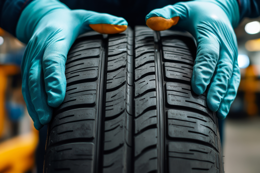 Person wearing blue gloves checking the tread of a tire.