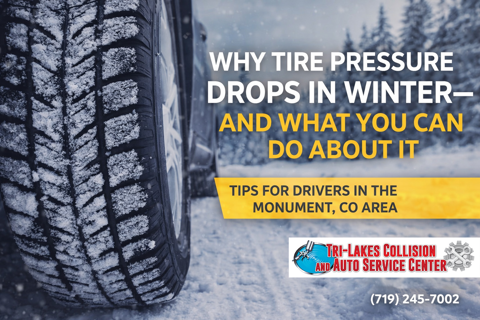 Close-up of a car tire on a snowy road with text about tire pressure dropping in winter and tips for drivers in Monument, CO, plus Tri-Lakes Collision and Auto Service Center contact info.